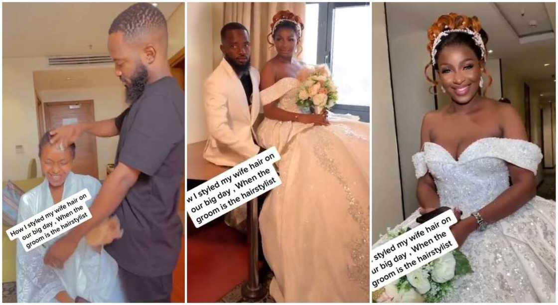 Photos of a groom making his bride's hair.