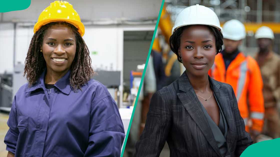 Women wearing helmets at work Women wearing helmets at work