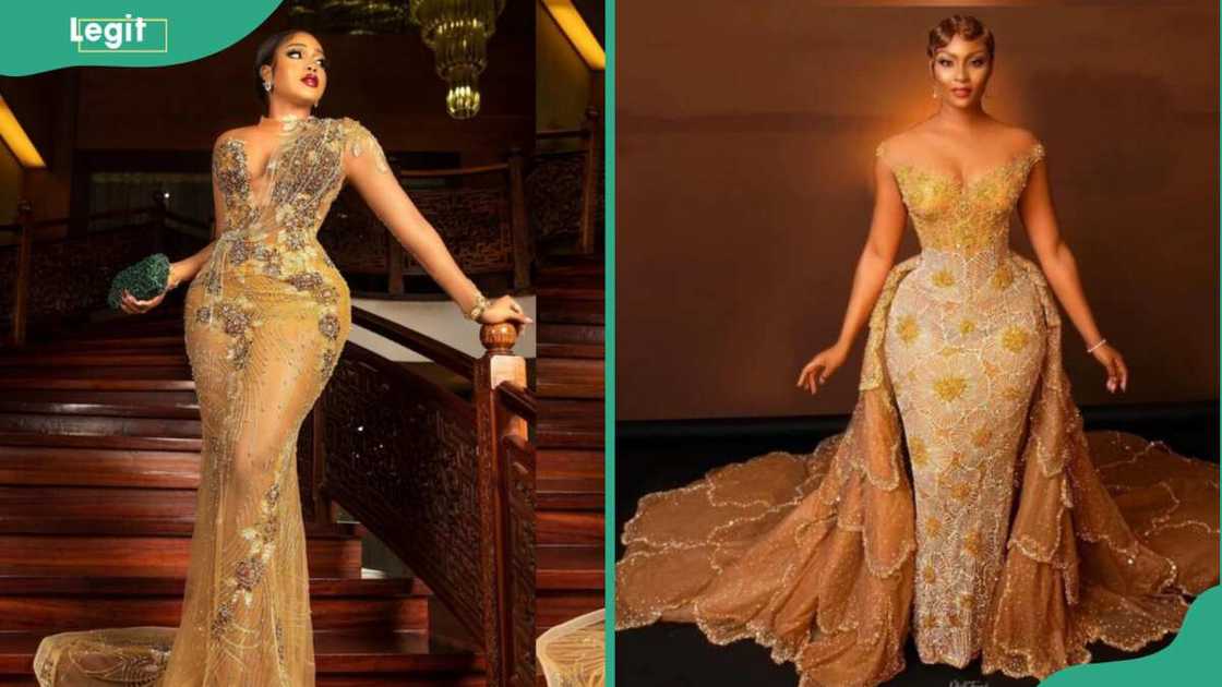 Women in trendy gold sequin mermaid gowns Women in trendy gold sequin mermaid gowns