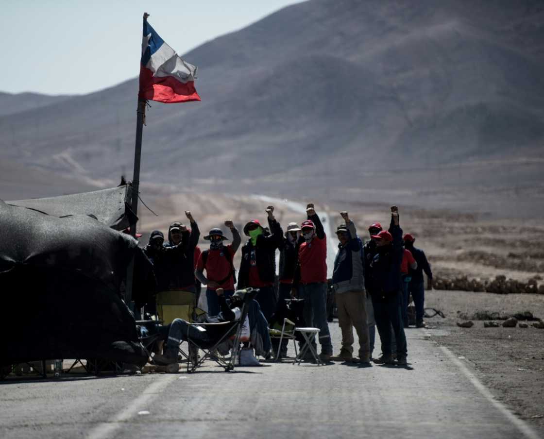 A file picture from March 2017 shows Escondida miners on strike at the world's largest copper mine