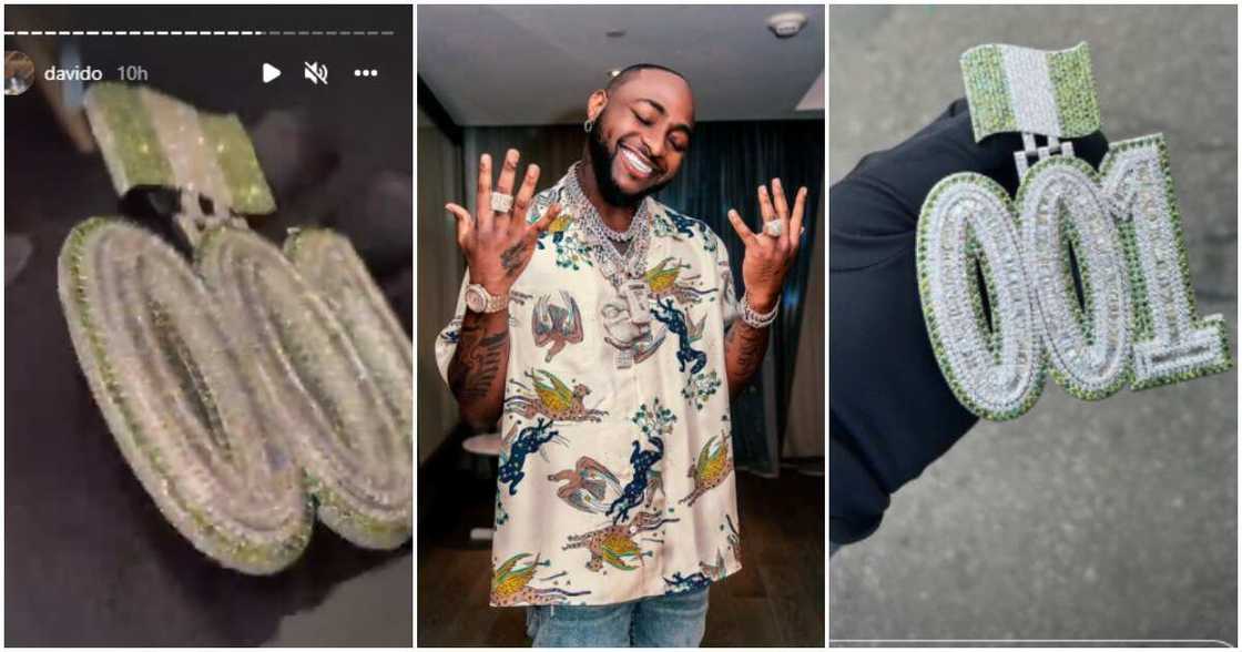 Davido shows off 001 diamond pendant