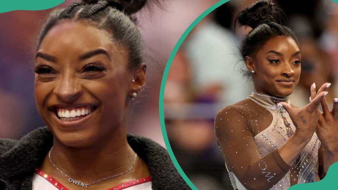 Simone Biles at different gymnastic events.