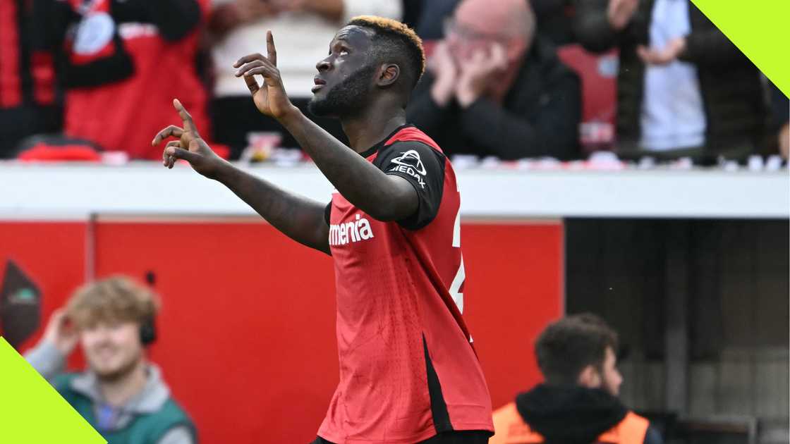 Victor Boniface celebrates after scoring Bayer Leverkusen's second goal in the 2-1 win over Eintracht Frankfurt.