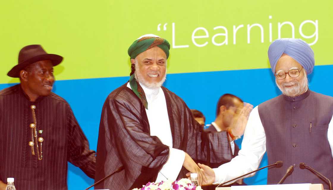 Dr. Goodluck Jonathan, Ahmed A. M. Sambi, and Dr. Manmohan Singh at the 4th International Conference on Federalism Dr. Goodluck Jonathan, Ahmed A. M. Sambi, and Dr. Manmohan Singh at the 4th International Conference on Federalism