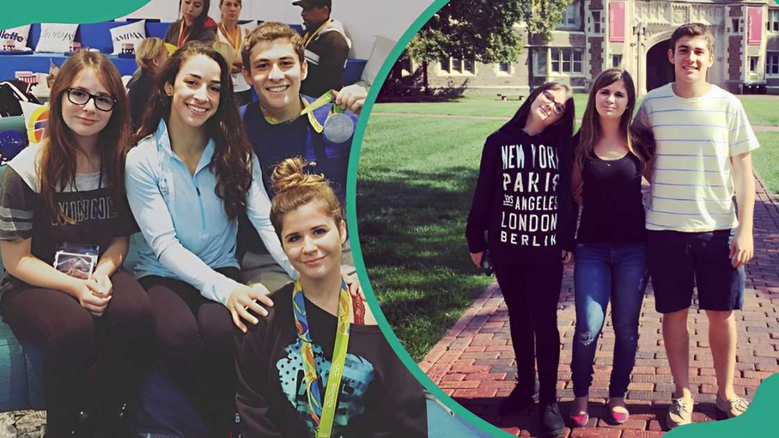Aly Raisman and her three siblings pose with Aly's Olympic medals (L). Aly Raisman's three siblings pose with arms around each other (R). Aly Raisman and her three siblings pose with Aly's Olympic medals (L). Aly Raisman's three siblings pose with arms around each other (R).