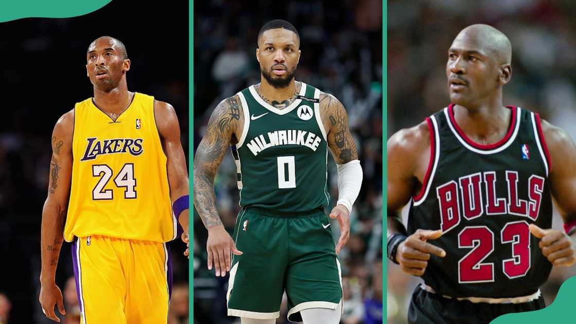 Kobe Bryant (L), Damian Lillard (C) and Michael Jordan (R) Kobe Bryant (L), Damian Lillard (C) and Michael Jordan (R)