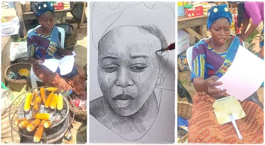 Photos of a corn seller drawn by street artist. Photos of a corn seller drawn by street artist.
