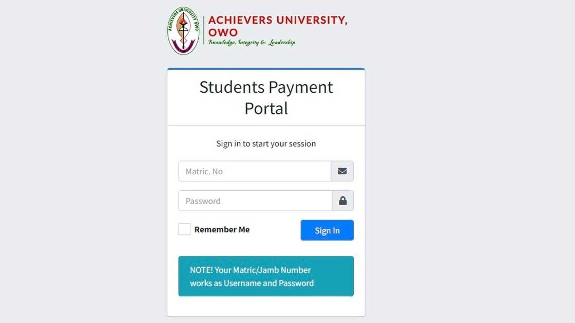 A screenshot of the Achievers University Students Payment Portal. A screenshot of the Achievers University Students Payment Portal.