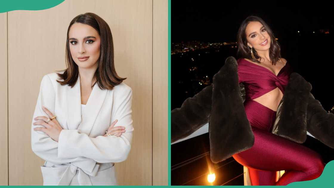 Alexia Simone Umansky wearing a white suit(L). The realtor on a railing posing at night (R) Alexia Simone Umansky wearing a white suit(L). The realtor on a railing posing at night (R)