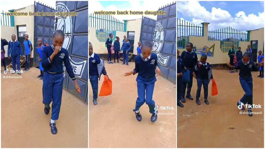 Daughter and mother/girl danced in front of school gate.