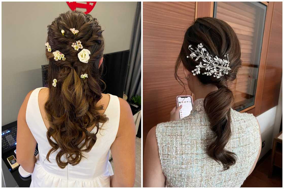 Low chignon with pearl headband