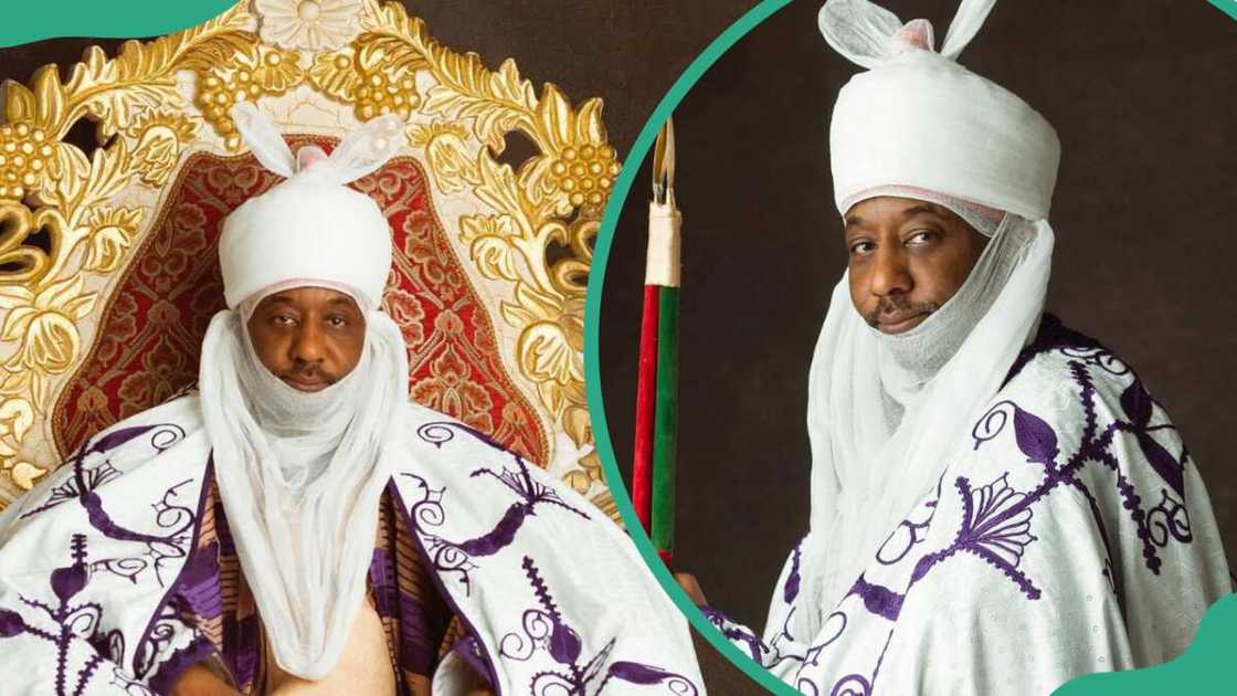 Muhammadu Sanusi II seated on an ornate (L). The Kano King standing with a sceptre (R)