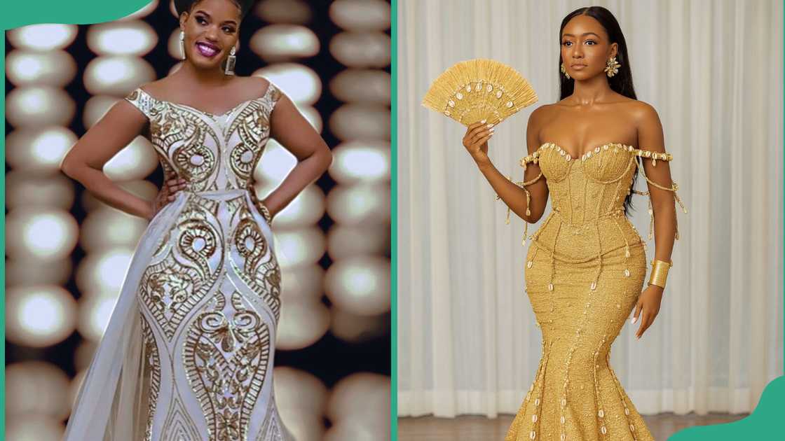 White and mustard off-shoulder mermaid dresses White and mustard off-shoulder mermaid dresses