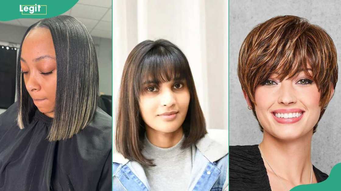 Blunt cut bob (L), asymmetrical bob haircut (C), layered pixie cut (R).