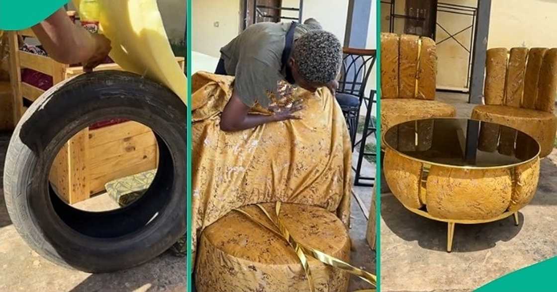 Lady uses tyres to make chairs