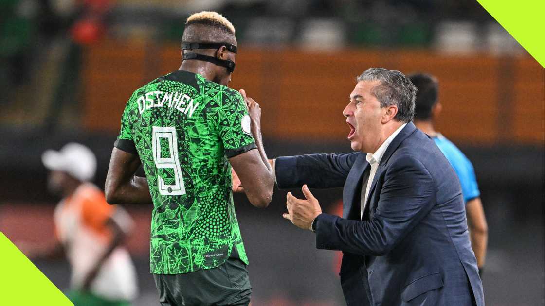 Jose Peseiro passing instructions to Victor Osimhen at AFCON 2023. Jose Peseiro passing instructions to Victor Osimhen at AFCON 2023.