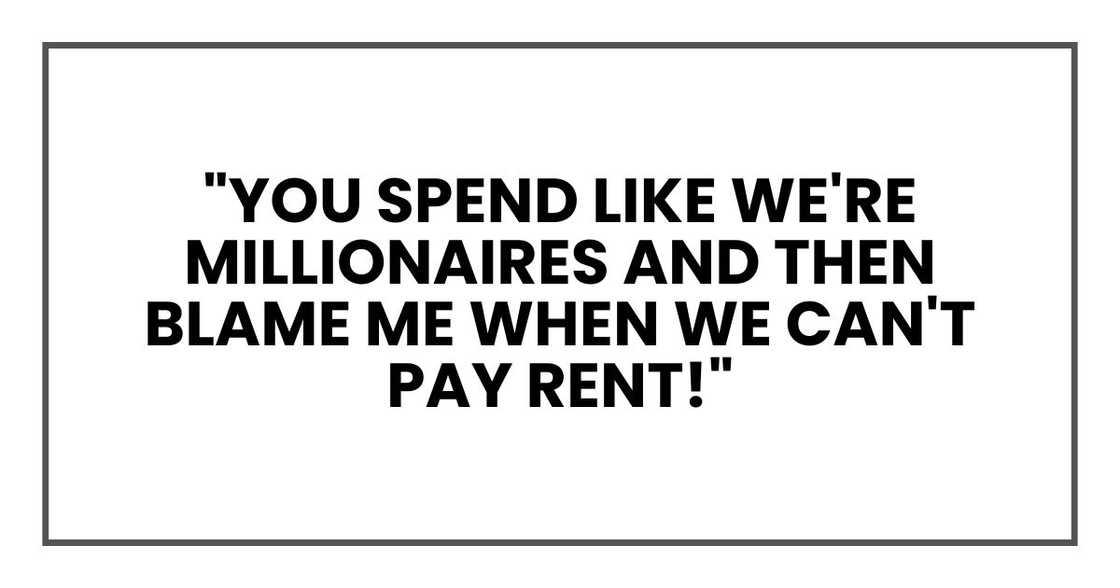 "Oh, that's rich. You spend like we're millionaires and then blame me when we can't pay rent!" "Oh, that's rich. You spend like we're millionaires and then blame me when we can't pay rent!"