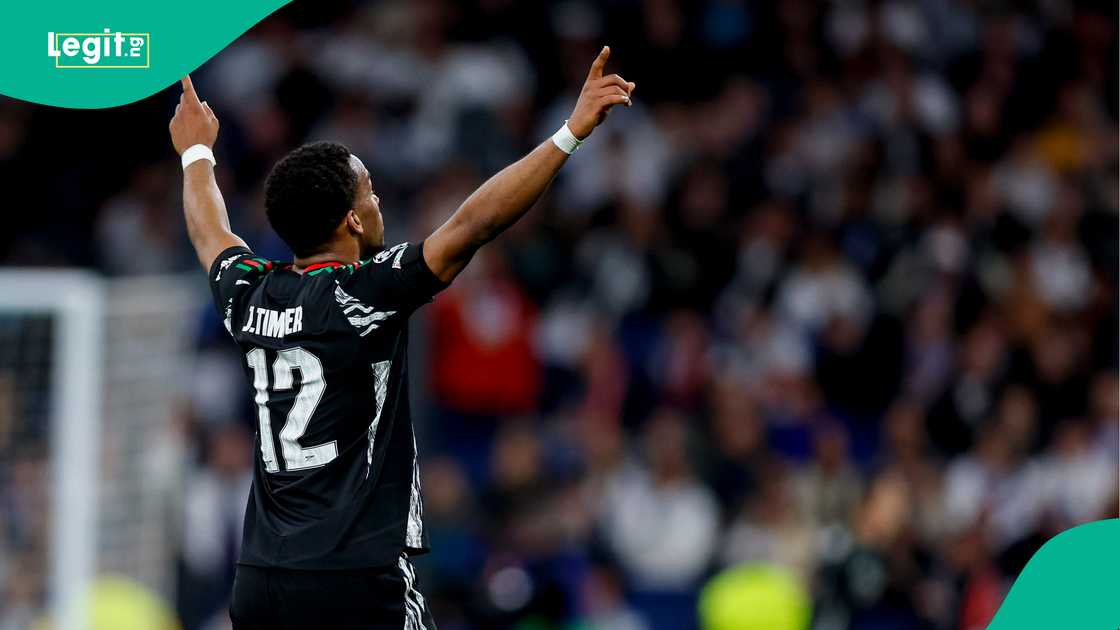 Jurrien Timber, Arsenal, Real Madrid, Santiago Bernabeu, Madrid, Spain, UEFA Champions League Jurrien Timber, Arsenal, Real Madrid, Santiago Bernabeu, Madrid, Spain, UEFA Champions League