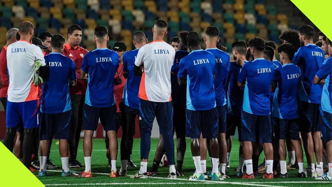 Libya players, Nasser Al-Hadhiri, Martyrs of February Stadium, Benghazi, Benina, Libya, AFCON 2025 qualifier.