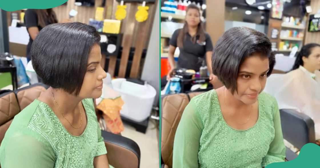 Front and side views of a woman with a wedge haircut