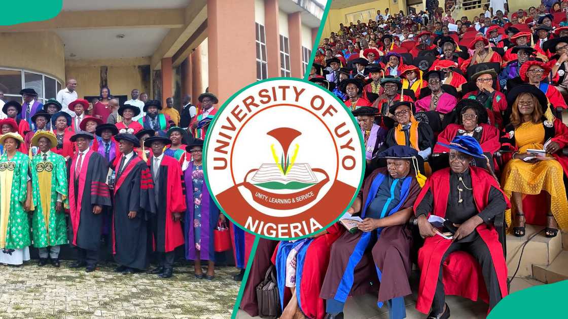 UNIUYO graduates (L) and (R). The institution's logo (C)