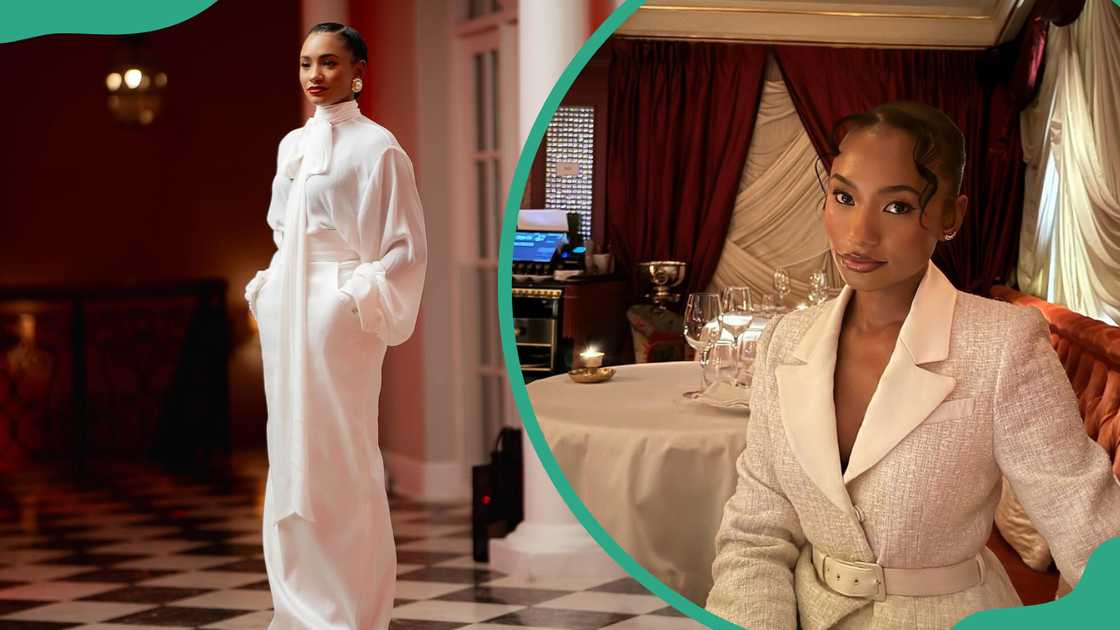 Elizabeth Temi posing in a white outfit with her hands in her pocket (L). The actress taking a selfie while sitting (R). Elizabeth Temi posing in a white outfit with her hands in her pocket (L). The actress taking a selfie while sitting (R).