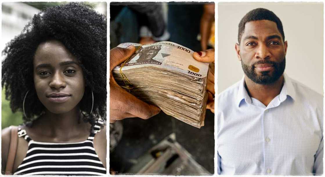 Photos of a woman, Naira notes and a man.