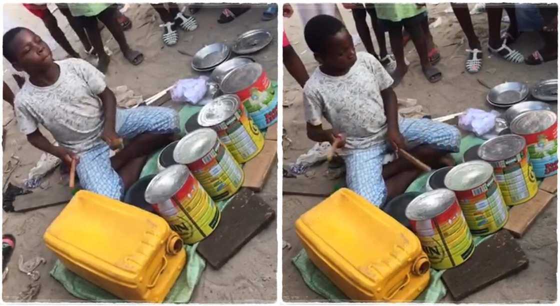 Photos of a talented boy playing music with improvised drum.