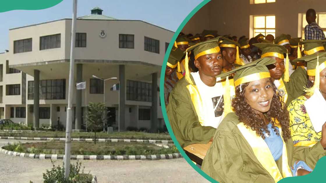 Section of the Adamawa State University school building (L) and grandaunts in graduation attire (R)