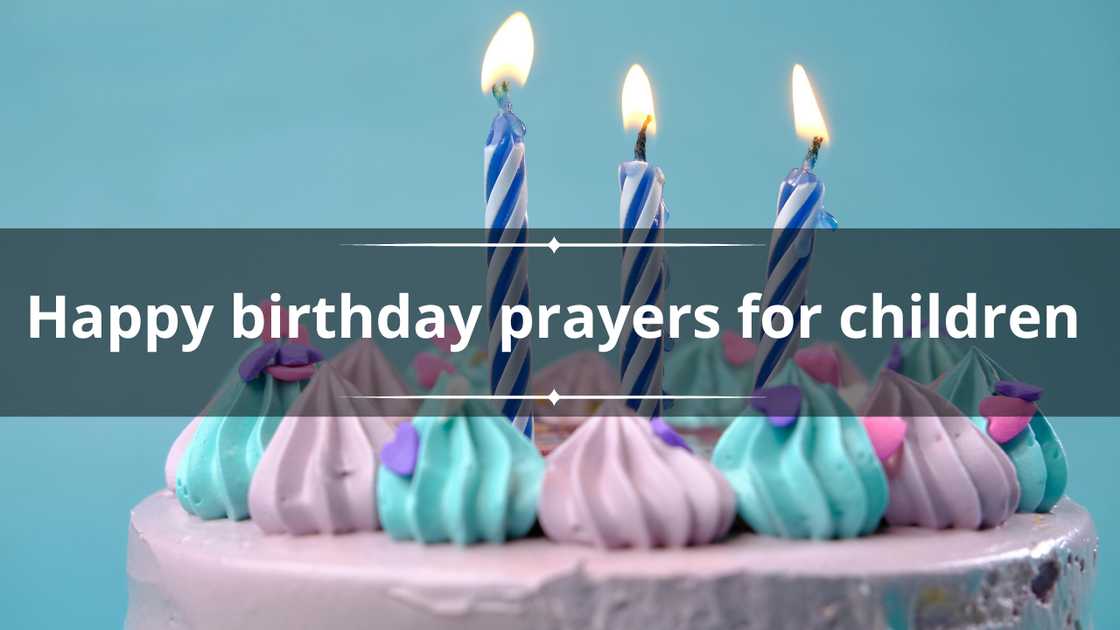 Three blue and white candles on a purple birthday cake