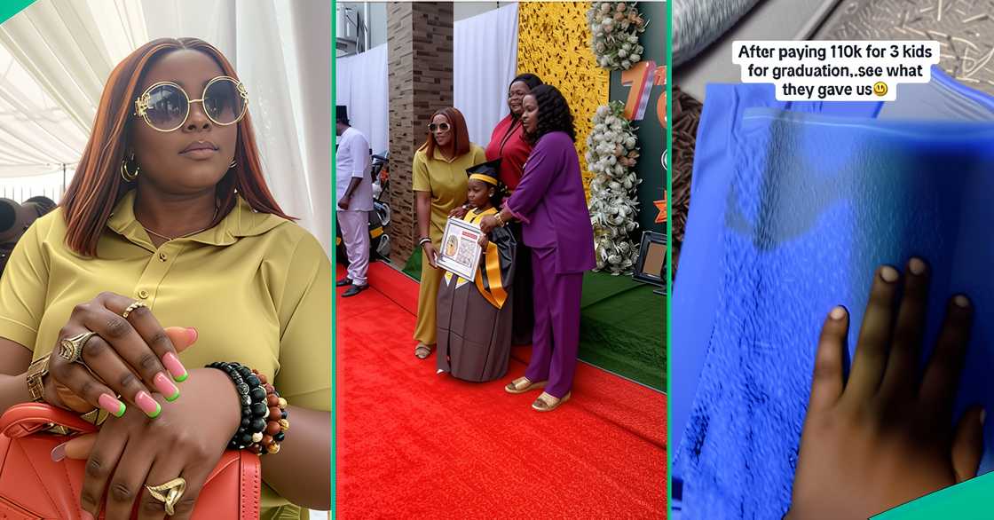 A Nigerian mother reacts after she saw the items her 3 children received at their school party.