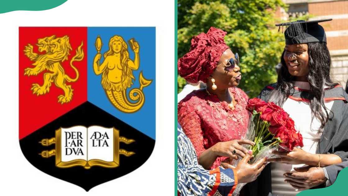 University of Birmingham logo (L) an international student receiving flowers during graduation at Birmingham University (R) University of Birmingham logo (L) an international student receiving flowers during graduation at Birmingham University (R)