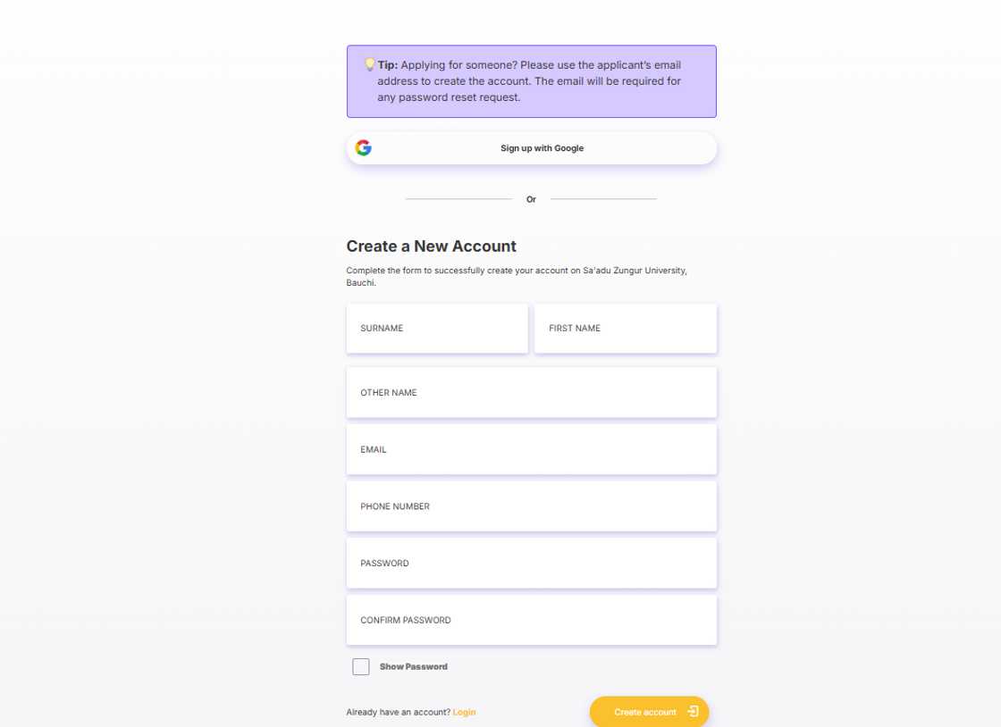 A screenshot of the SAZU application portal's account creation page A screenshot of the SAZU application portal's account creation page