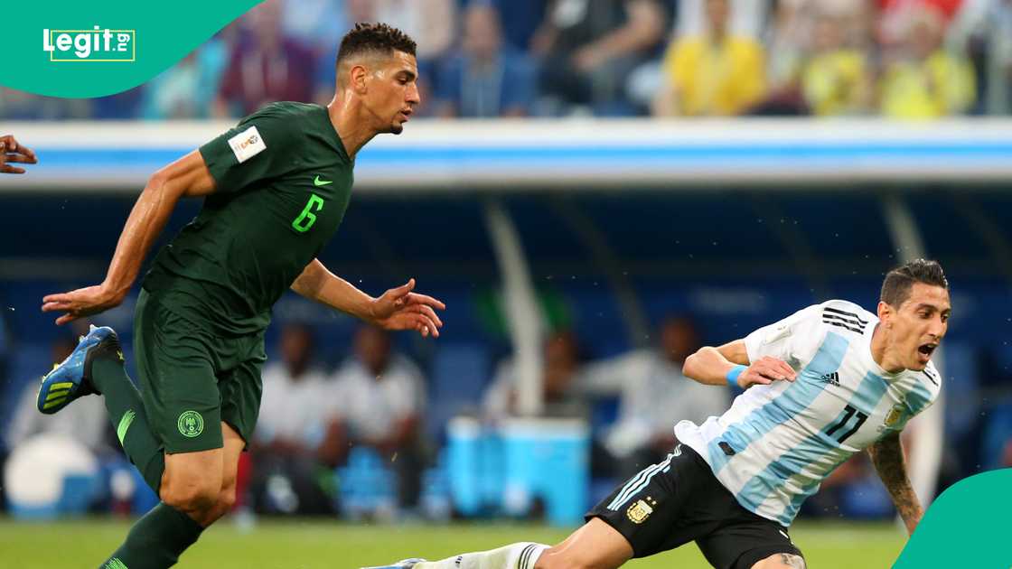 Leon Balogun in action for Nigeria against Angel Di Maria of Argentina.