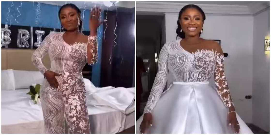 Photos of a 2-in-1 wedding dress. Photos of a 2-in-1 wedding dress.