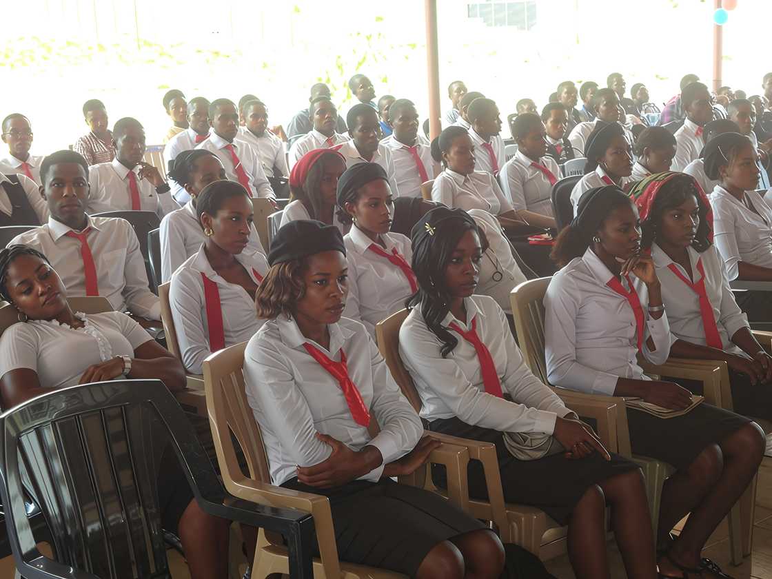 Students seated in a hall Students seated in a hall