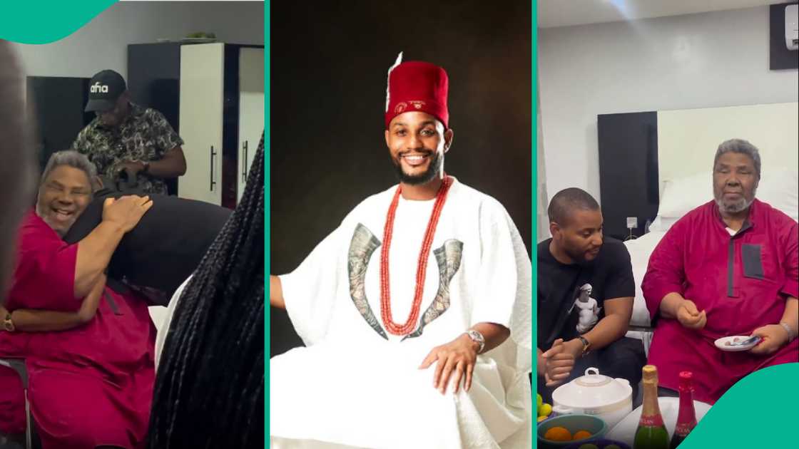 Pete Edochie prays for Alexx Ekubo as young actor visits him with gifts. Pete Edochie prays for Alexx Ekubo as young actor visits him with gifts.
