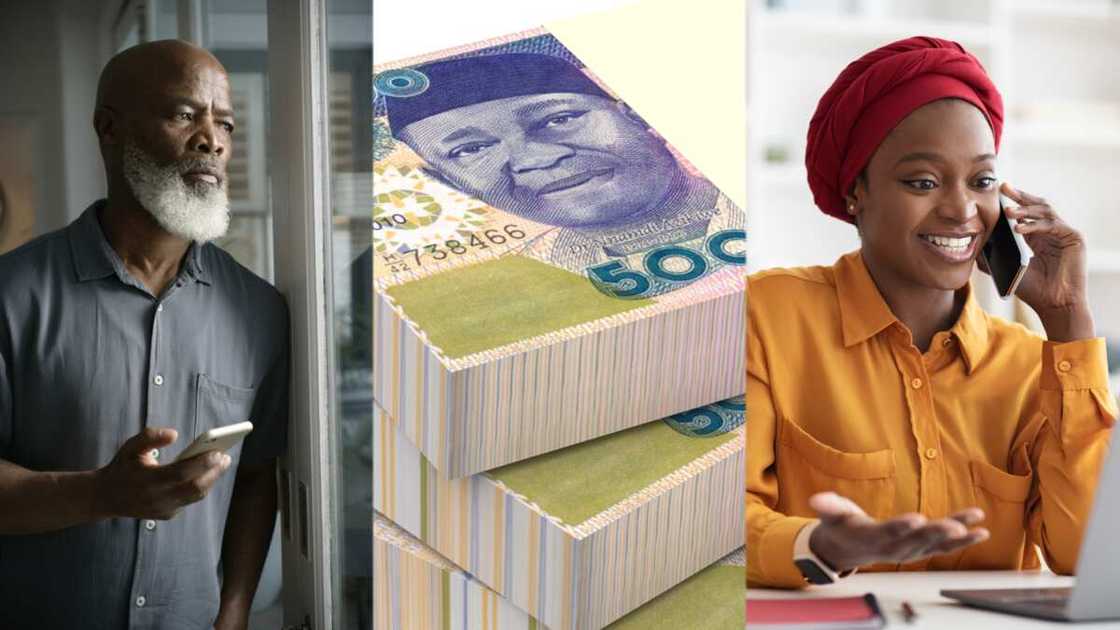 Photo of man and woman as well as wads of Nigerian currency