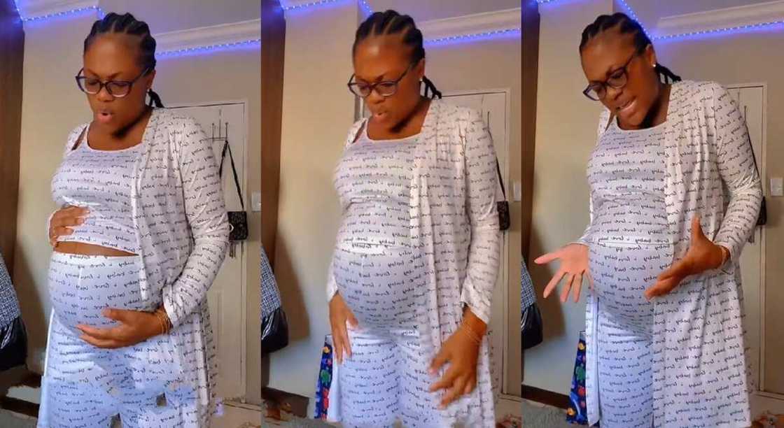 Photos show pregnant woman touching her baby bump. Photos show pregnant woman touching her baby bump.