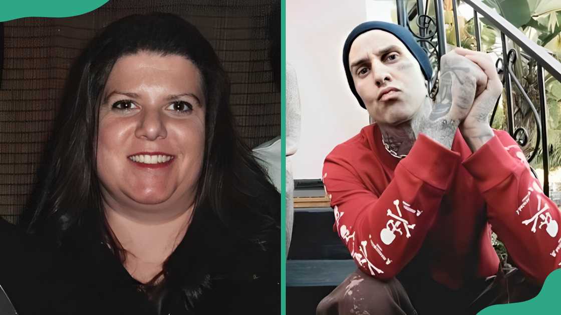 Tamara Barker in a black outfit (L) and Travis Barker in a red hoodie posing on the staircase (R