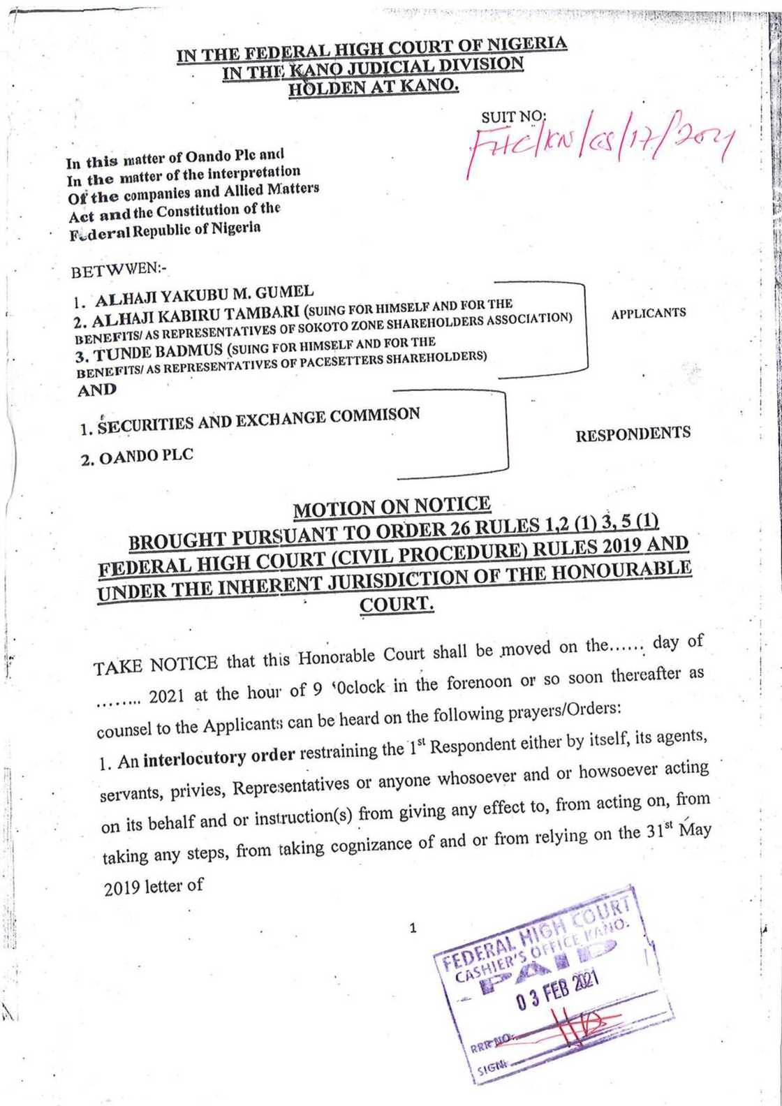 Oando shareholders have taken SEC to court to challenge penalties against Oando in May 31st letter