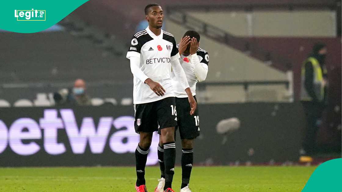 Tosin Adarabioyo, Ademola Lookman, Fulham, West Ham, London Stadium, London, England, Premier League. Tosin Adarabioyo, Ademola Lookman, Fulham, West Ham, London Stadium, London, England, Premier League.