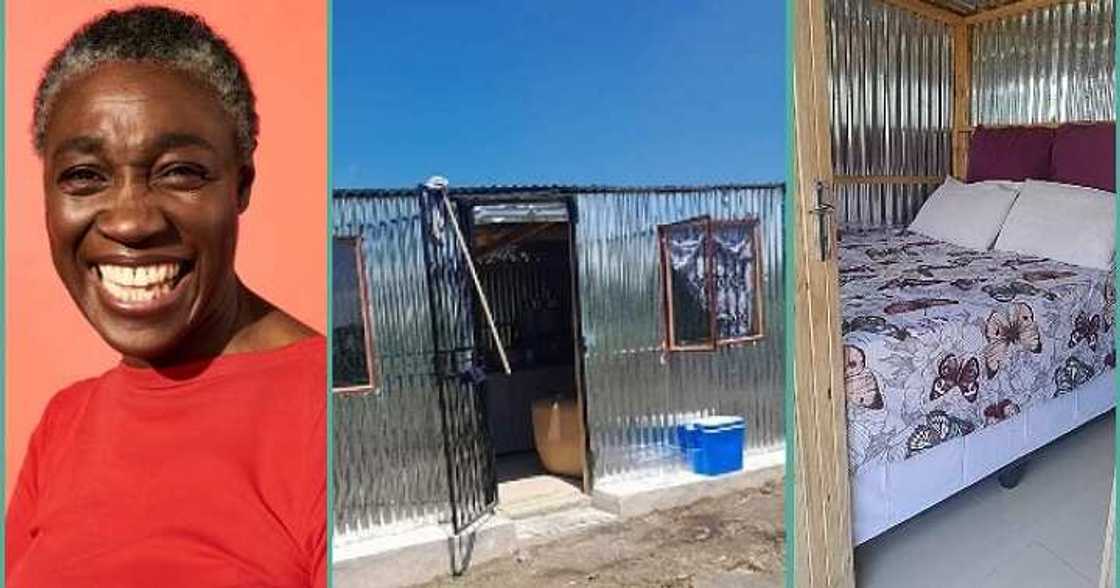 Lady shows off portable house with zinc and wood Lady shows off portable house with zinc and wood