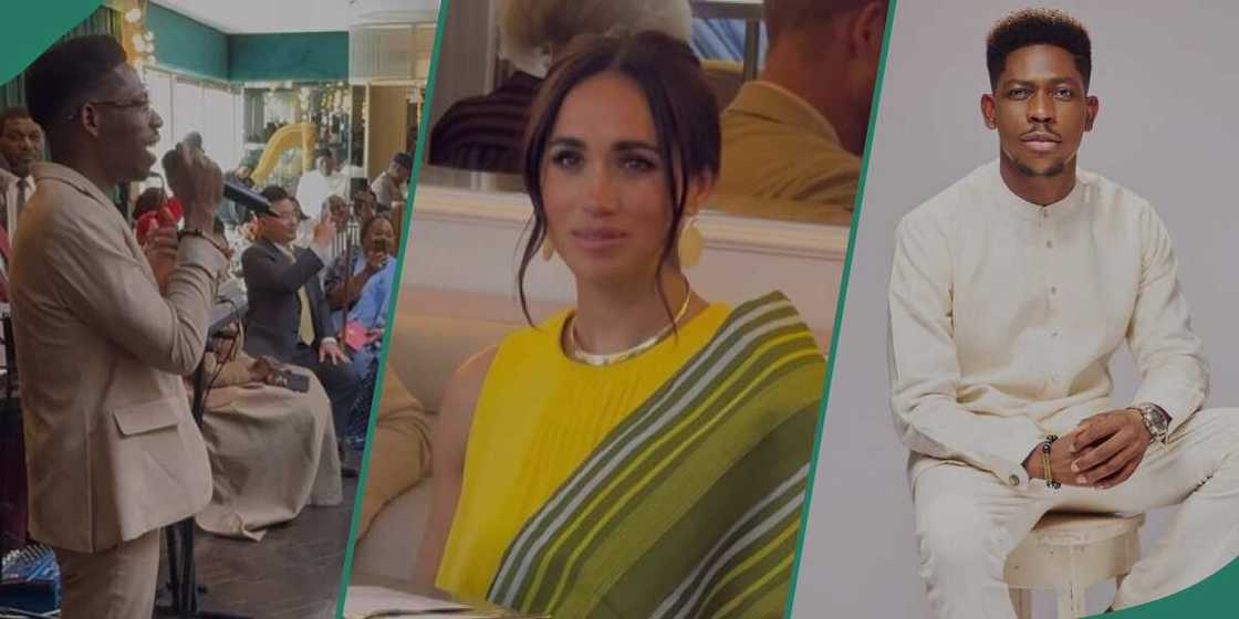 Moses Bliss sings for Meghan Markle and Prince Harry in Lagos. Moses Bliss sings for Meghan Markle and Prince Harry in Lagos.