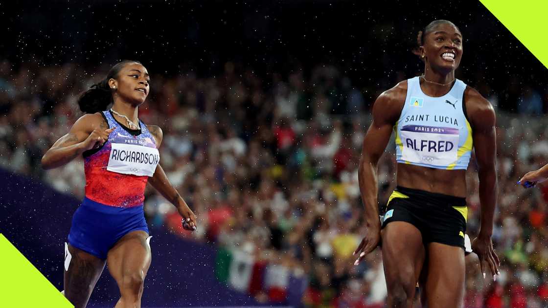 Julien Alfred wins the Women's 100m at Paris 2024 Olympics. Julien Alfred wins the Women's 100m at Paris 2024 Olympics.