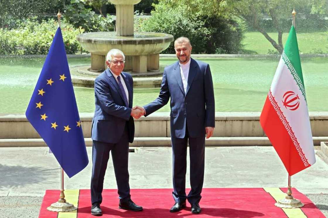 Iran's Foreign Minister Hossein Amir-Abdollahian (R) greets Joseph Borrell, the High Representative of the European Union for Foreign Affairs and Security Policy (L), in Tehran Iran's Foreign Minister Hossein Amir-Abdollahian (R) greets Joseph Borrell, the High Representative of the European Union for Foreign Affairs and Security Policy (L), in Tehran