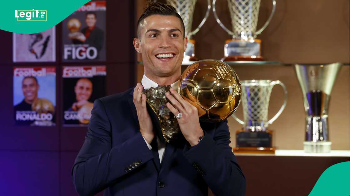 Cristiano Ronaldo of Real Madrid poses with the Ballon D'Or 2016 trophy at Santiago Bernabeu in 2016. Photo by Angel Martinez Cristiano Ronaldo of Real Madrid poses with the Ballon D'Or 2016 trophy at Santiago Bernabeu in 2016. Photo by Angel Martinez