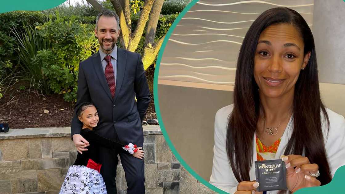 Courtenay's husband, Garrett Poucher, with their daughter in an open field (L) and Courtenay holding one of her products, Wonderful Wipes (R) Courtenay's husband, Garrett Poucher, with their daughter in an open field (L) and Courtenay holding one of her products, Wonderful Wipes (R)