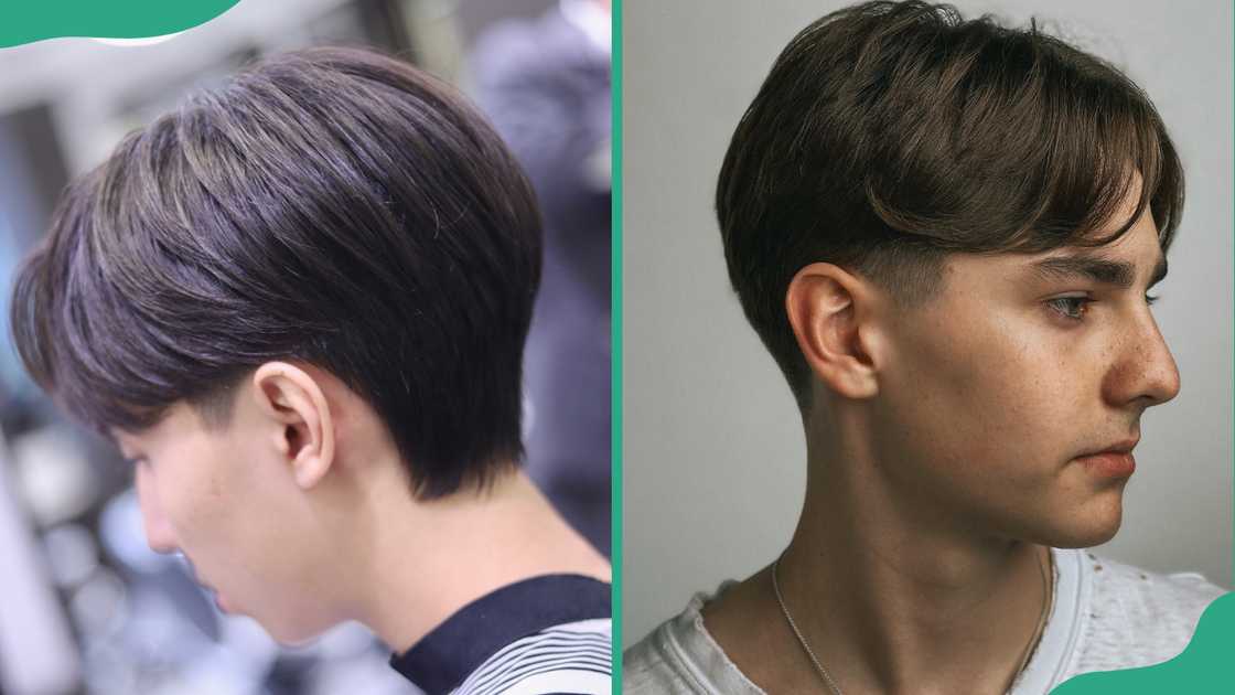 Two men display their curtain cut hairstyle Two men display their curtain cut hairstyle