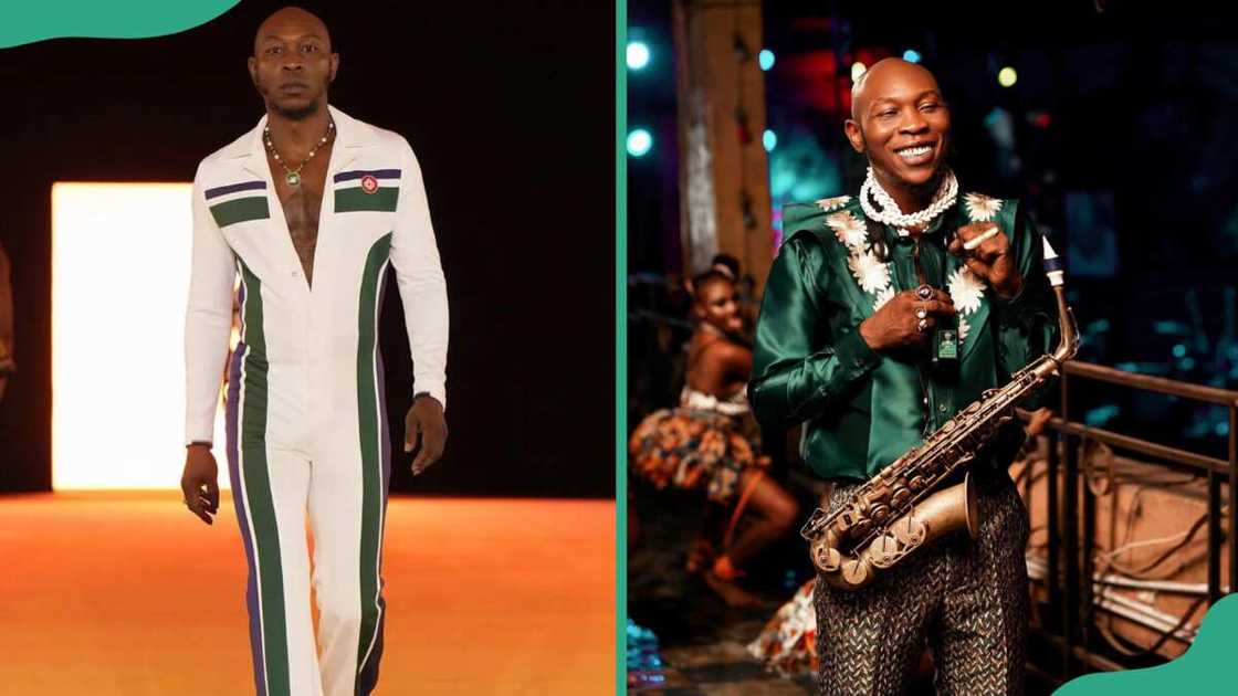 Seun Kuti modelling (L). The singer playing a saxophone (R)